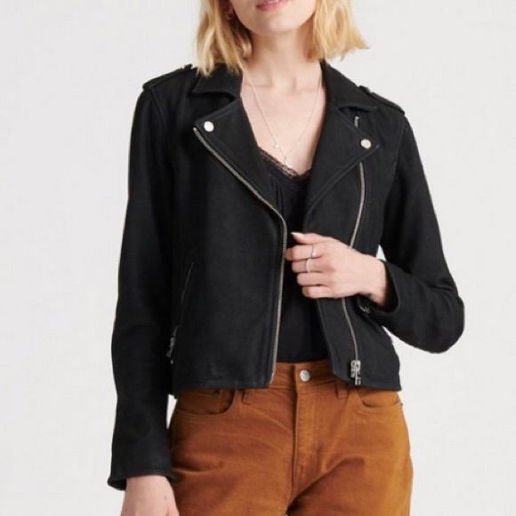 Lucky Brand Black Nubuck Leather Moto Jacket - Picture 1 of 15